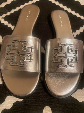 Tory Burch Metallic Silver Logo Slide Sandals